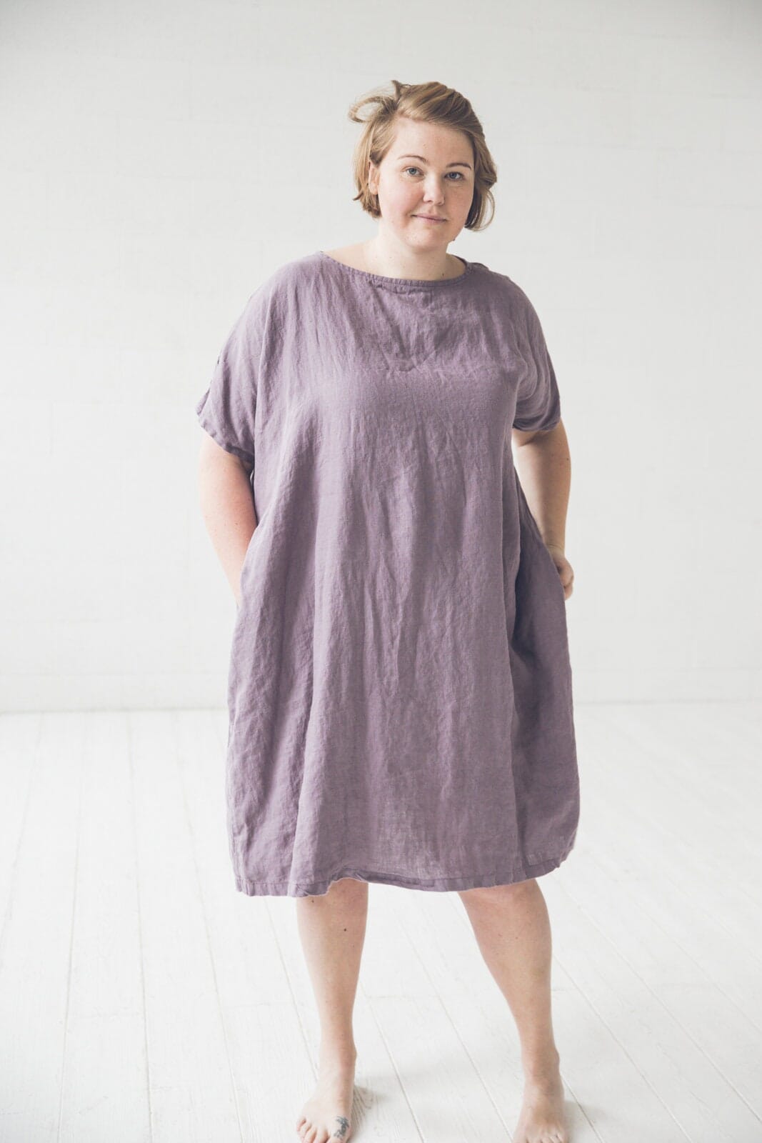 READY TO SHIP  Loose Linen Women Dress with Belt Violet Ash Old Linen Mill