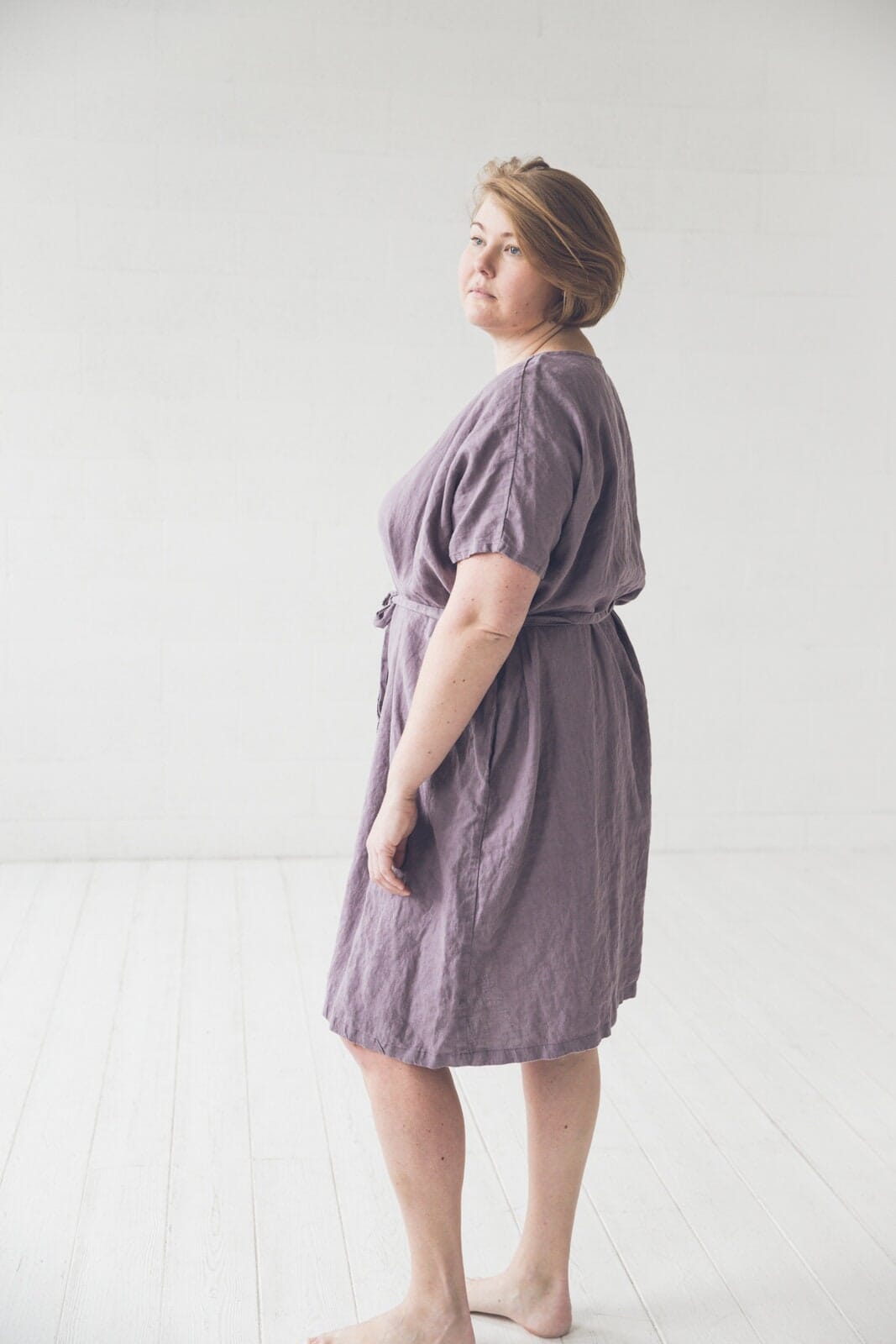 READY TO SHIP  Loose Linen Women Dress with Belt Violet Ash Old Linen Mill
