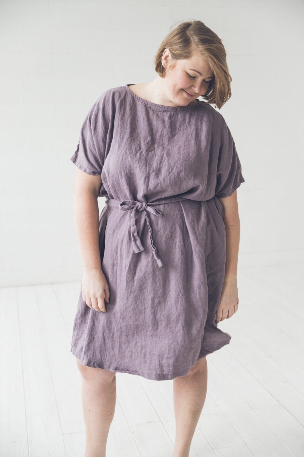 READY TO SHIP  Loose Linen Women Dress with Belt Violet Ash Old Linen Mill