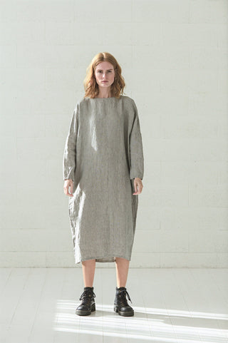 Maxi Linen Dress with Long Sleeves Old Linen Mill Small Grey Checks XS/S 