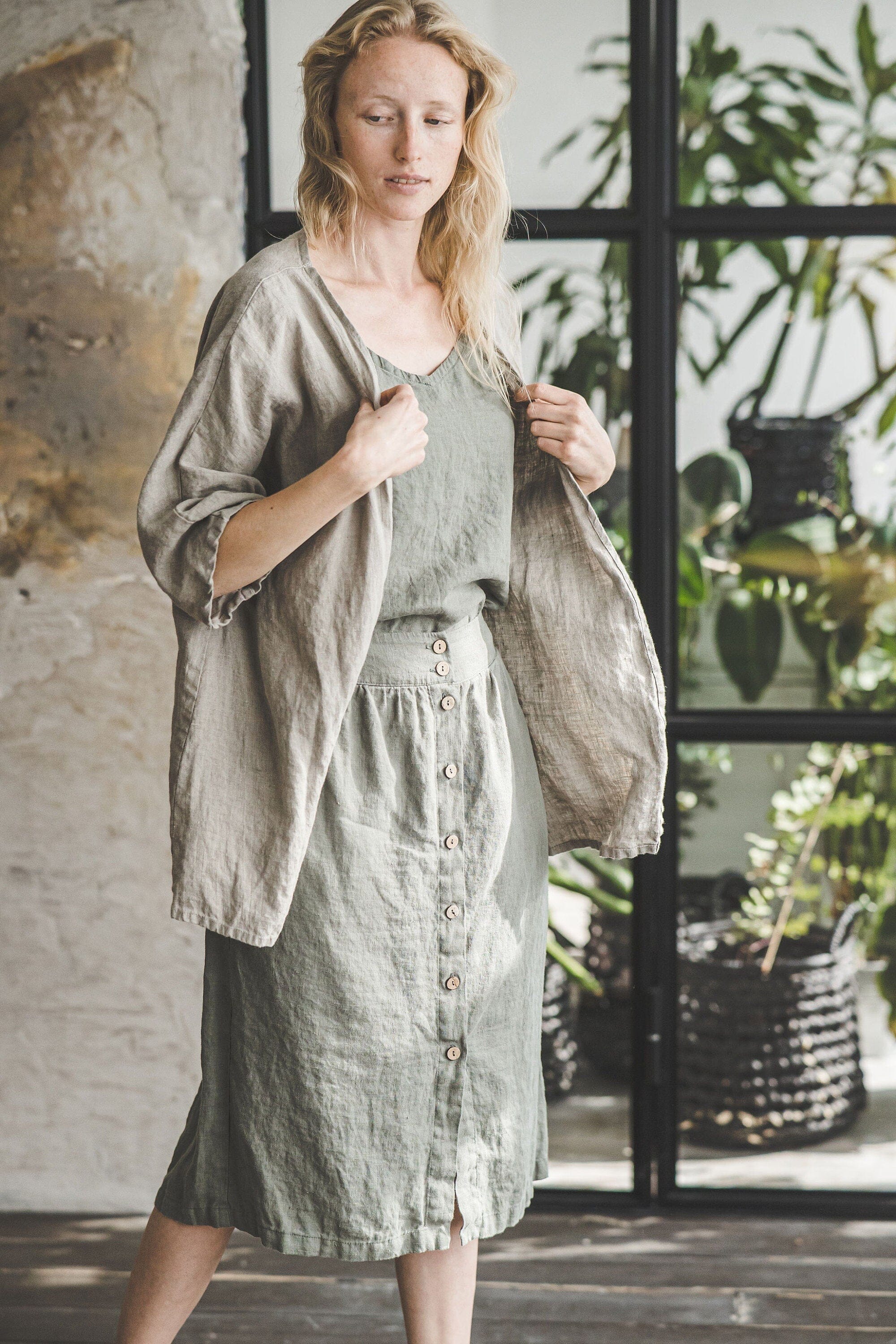 Midi Fitted Linen Women Skirt Old Linen Mill 