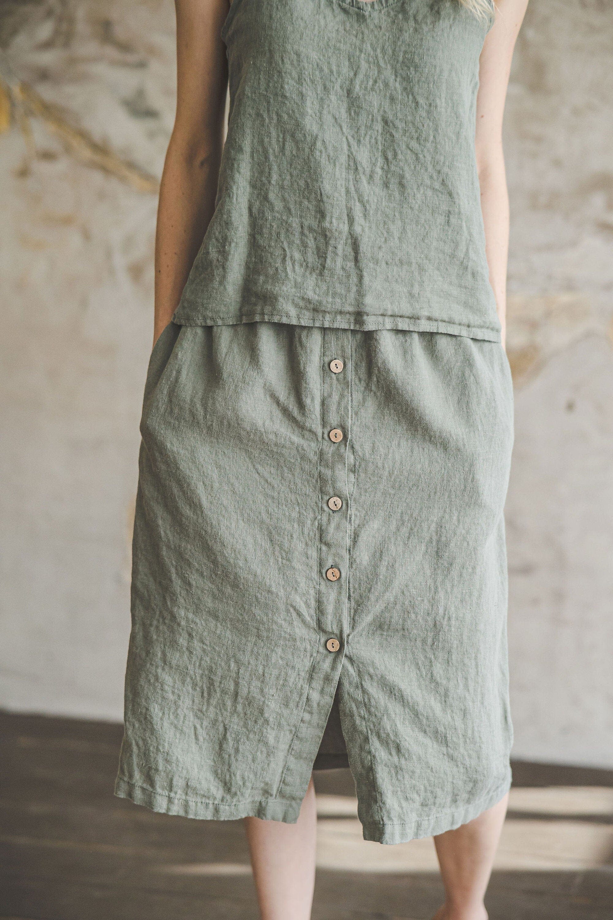 Midi Fitted Linen Women Skirt Old Linen Mill 