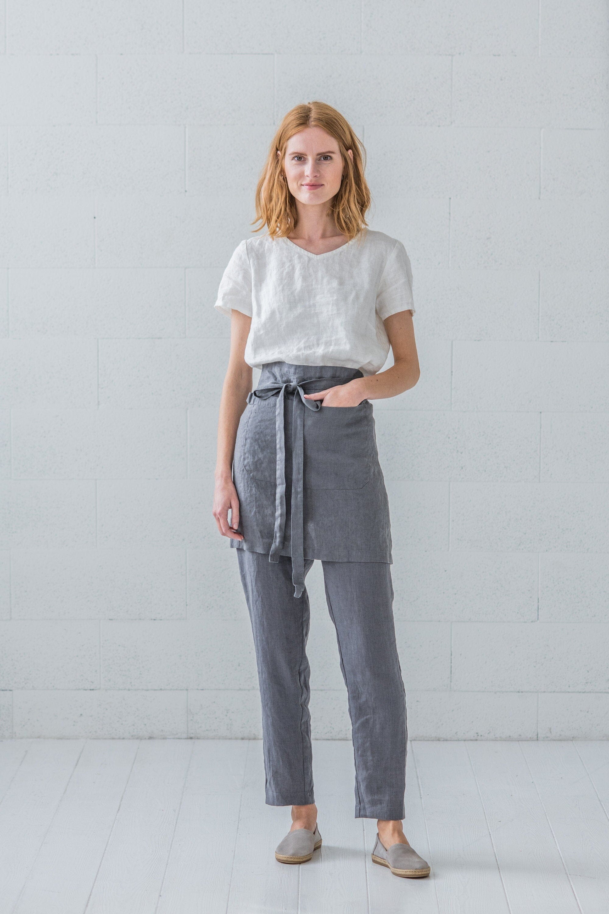 Midi Linen Half Apron Old Linen Mill Small Grey Checks 