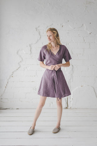 Mini Summer Linen Wrap Dress Old Linen Mill Small Grey Checks XS/S 