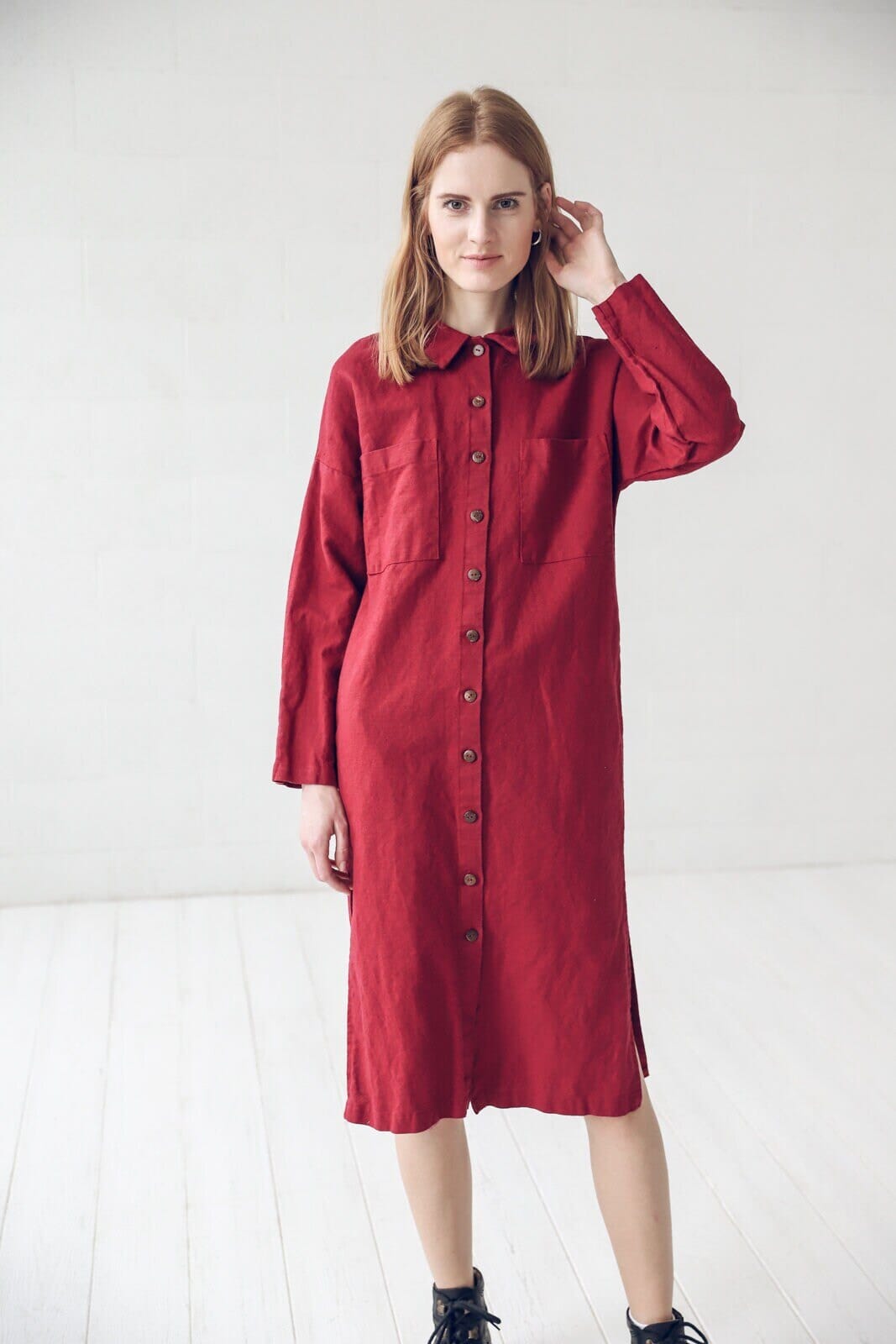 Minimalist Linen Button Down Shirt Dress Old Linen Mill Small Grey Checks XS 