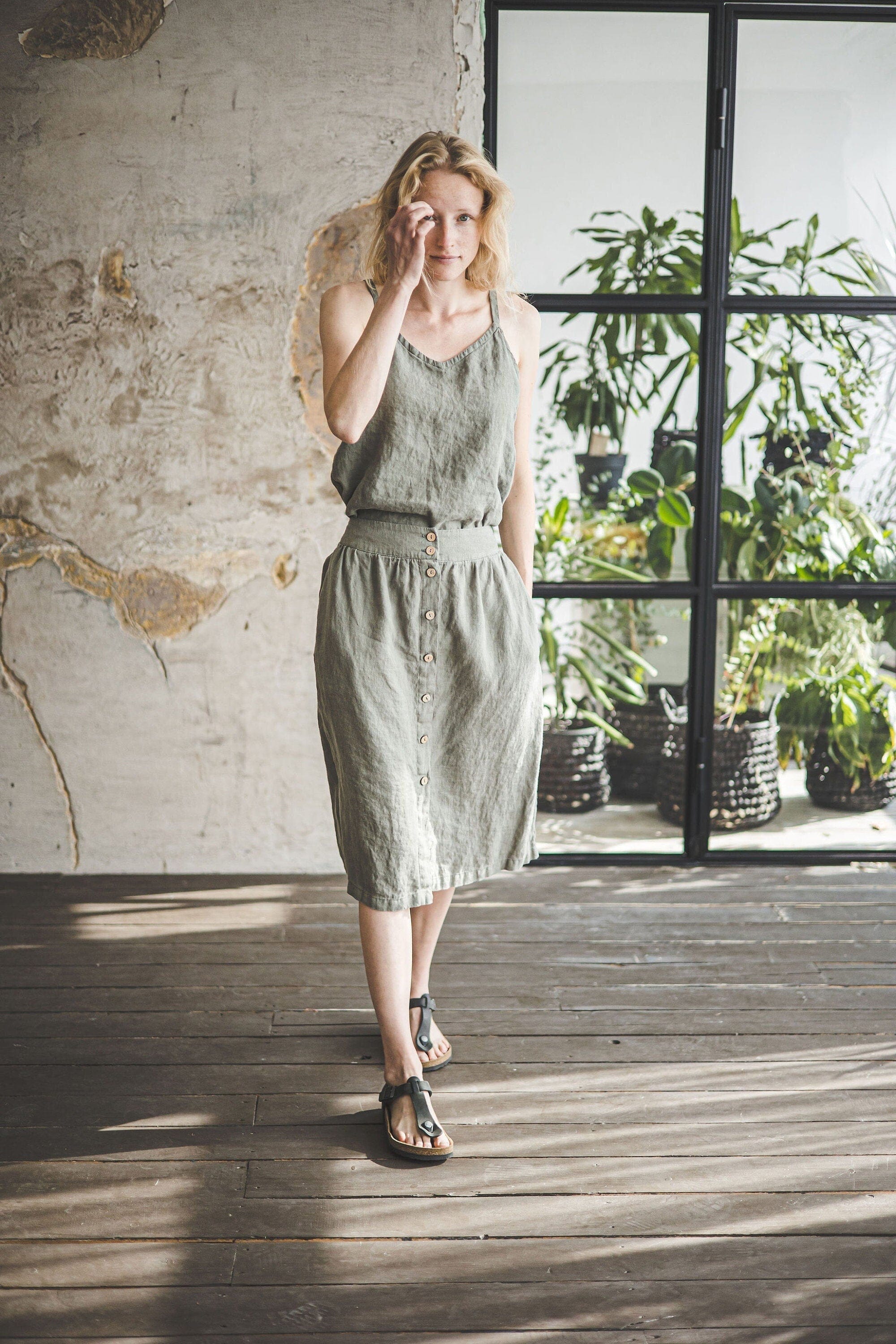 Minimalist Summer Linen Blouse Old Linen Mill Small Grey Checks XS 