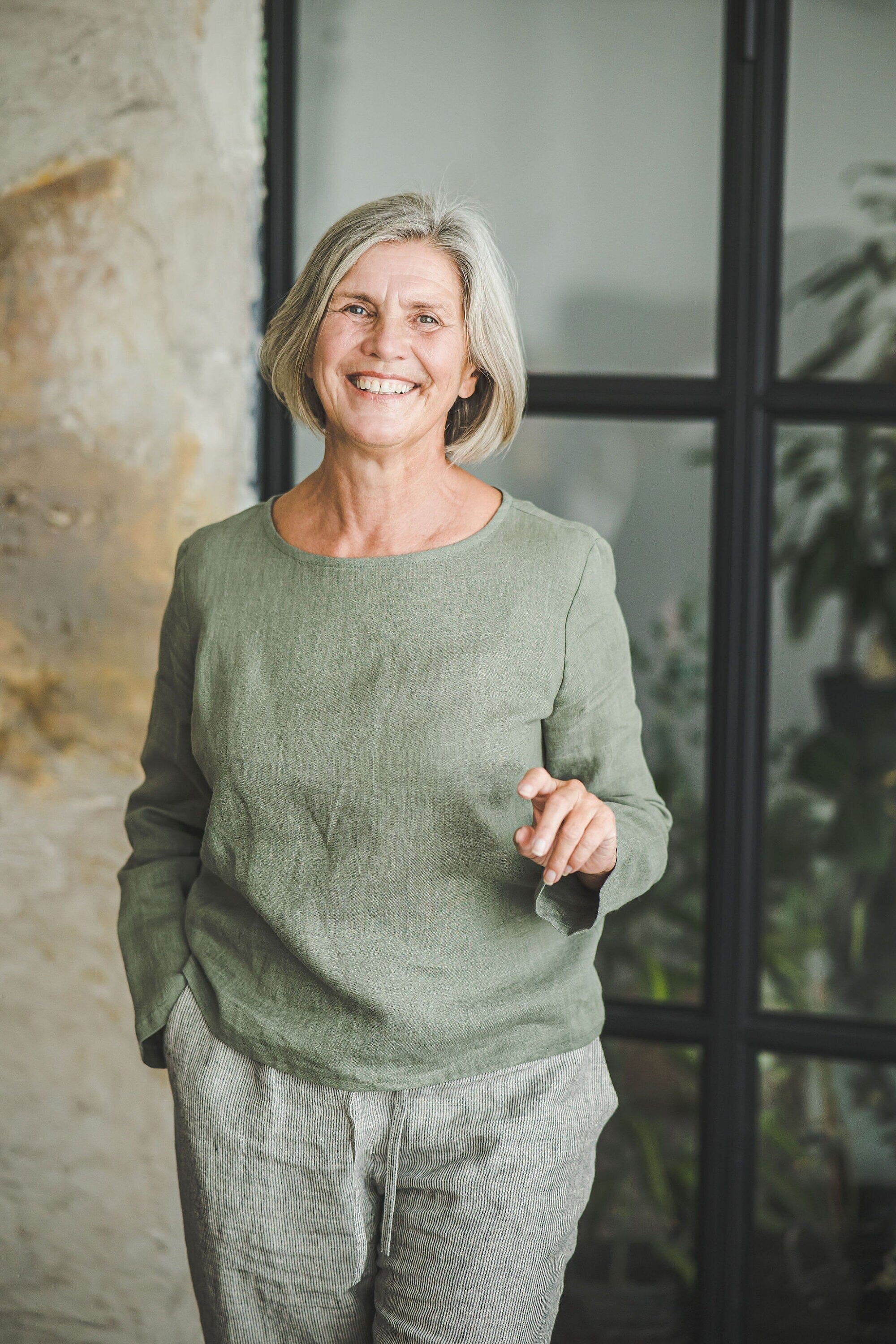 Natural Linen Fitted Top Old Linen Mill Small Grey Checks XS 