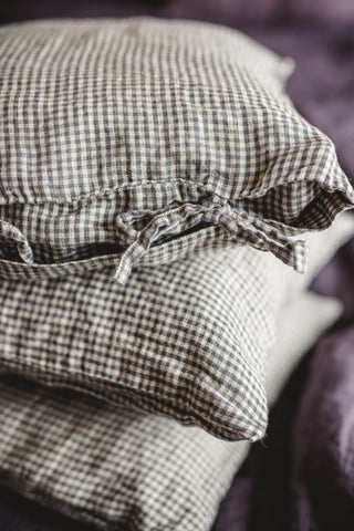 Natural Linen Throw Pillow Cover with Ties Old Linen Mill Small Grey Checks 40 cm; 15.7" x 15.7" 