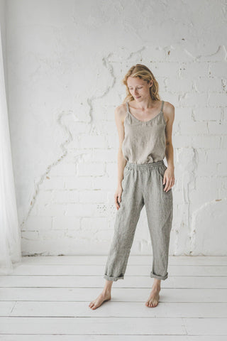 Natural Loose Linen Pants with Elastic Waistband Old Linen Mill Small Grey Checks XS 