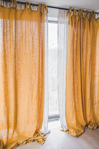Natural Soft Linen Drapes Ties Top Curtain Panel Old Linen Mill Coffee 140 x 220 cm; 55" x 87" 