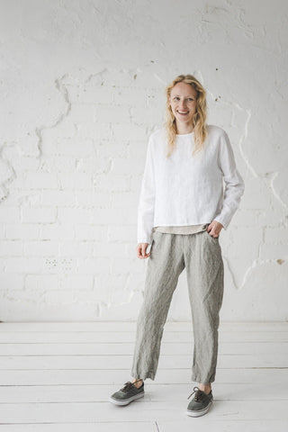 Oversized Short White Linen Top Old Linen Mill Small Grey Checks XS/S 