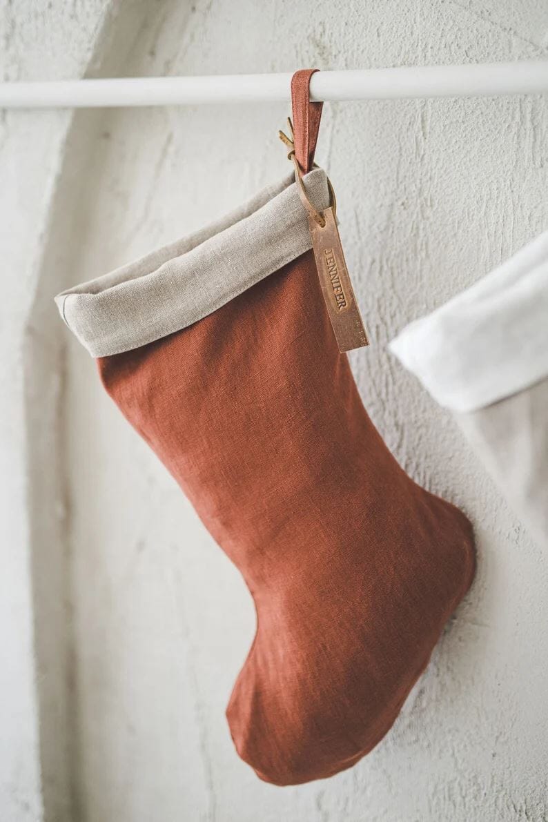 Personalized Christmas Linen Leather Name Tags oldlinenmill.com 