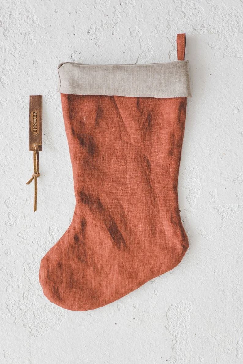 Personalized Christmas Linen Stocking oldlinenmill.com Burnt Orange 