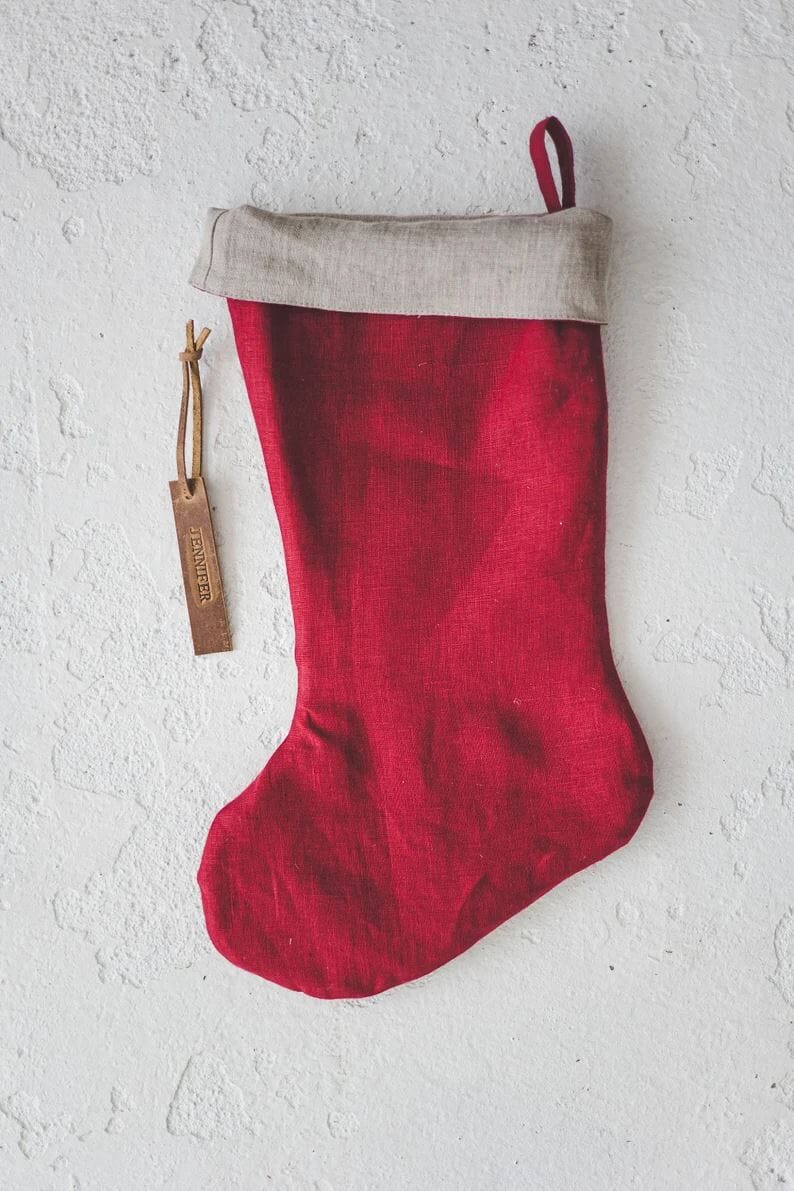 Personalized Christmas Linen Stocking oldlinenmill.com Ruby Red 