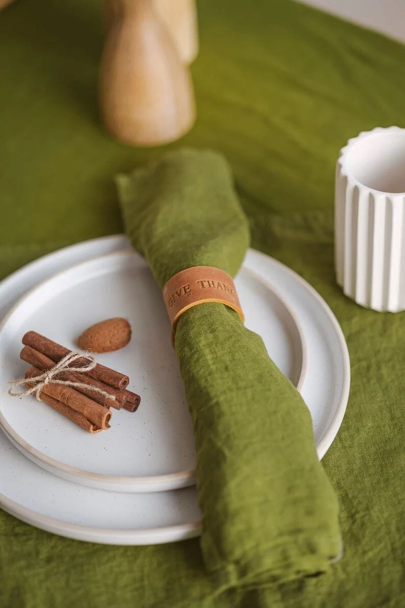Personalized Handmade Leather Napkin Rings Gift Set Old Linen Mill 