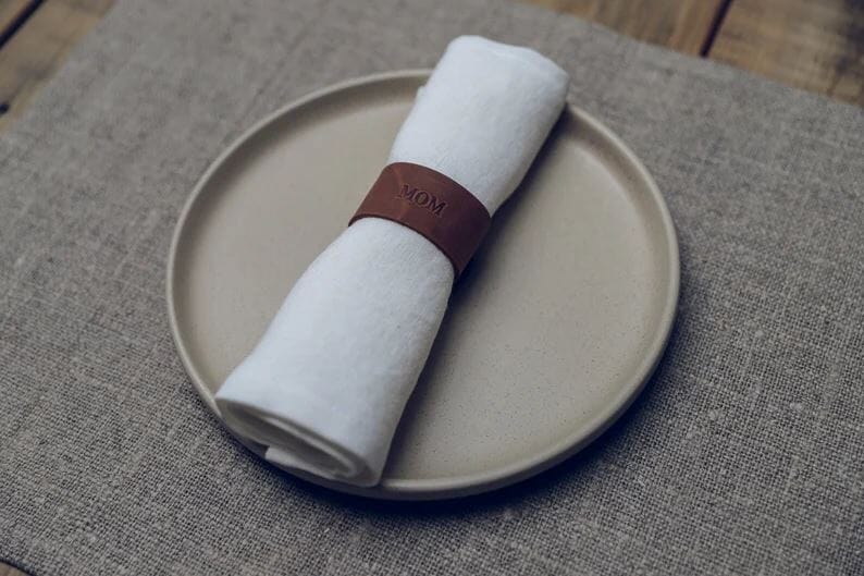 Personalized Handmade Leather Napkin Rings Gift Set Old Linen Mill 