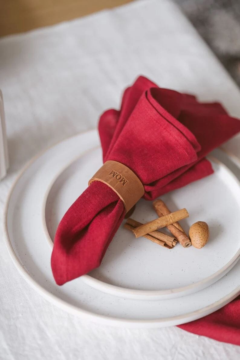 Personalized Handmade Leather Napkin Rings Gift Set Old Linen Mill 