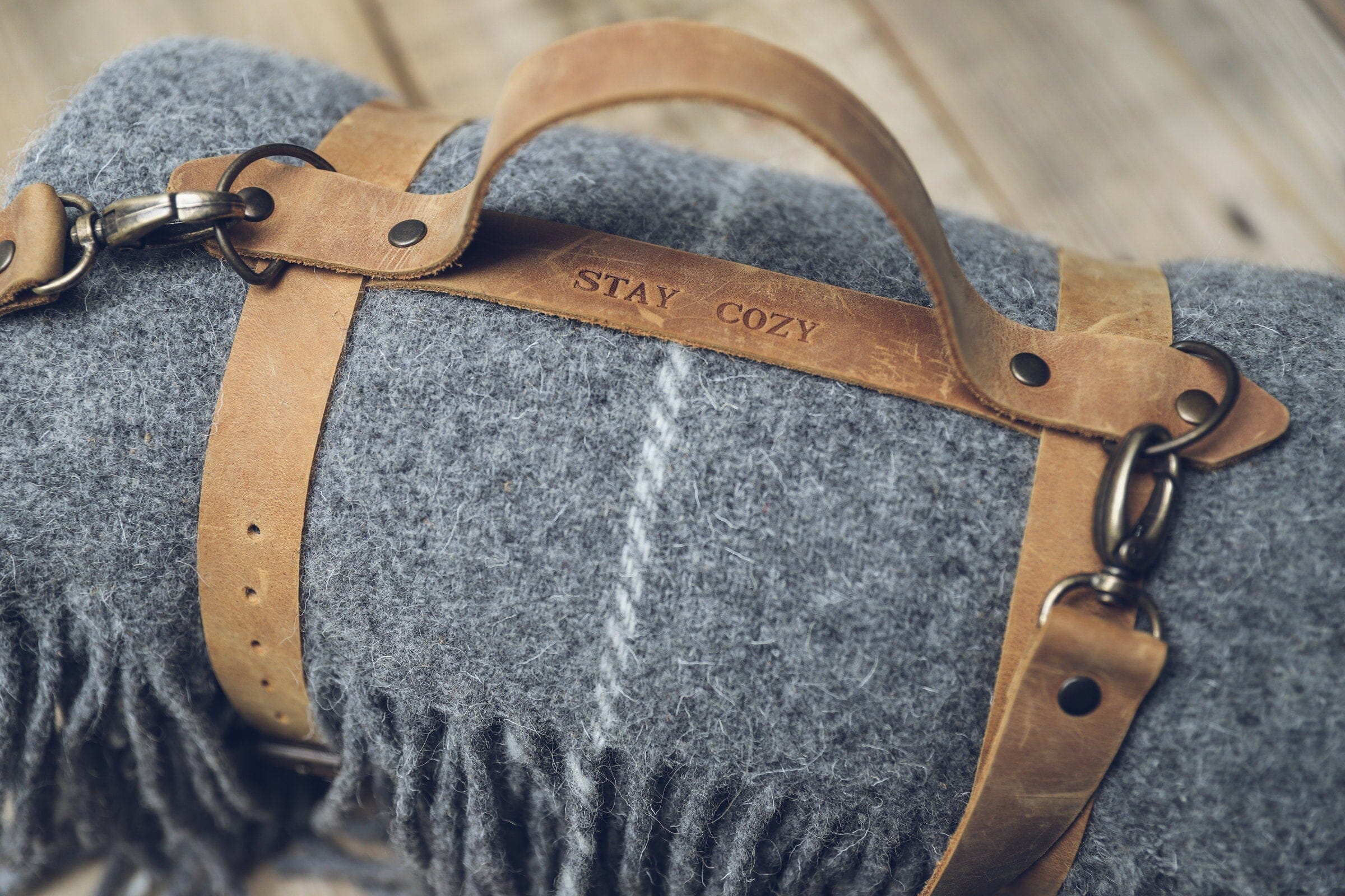 Personalized Leather Handle Strap with Gray Wool Throw Blanket Old Linen Mill 