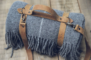 Personalized Leather Handle Strap with Gray Wool Throw Blanket Old Linen Mill 