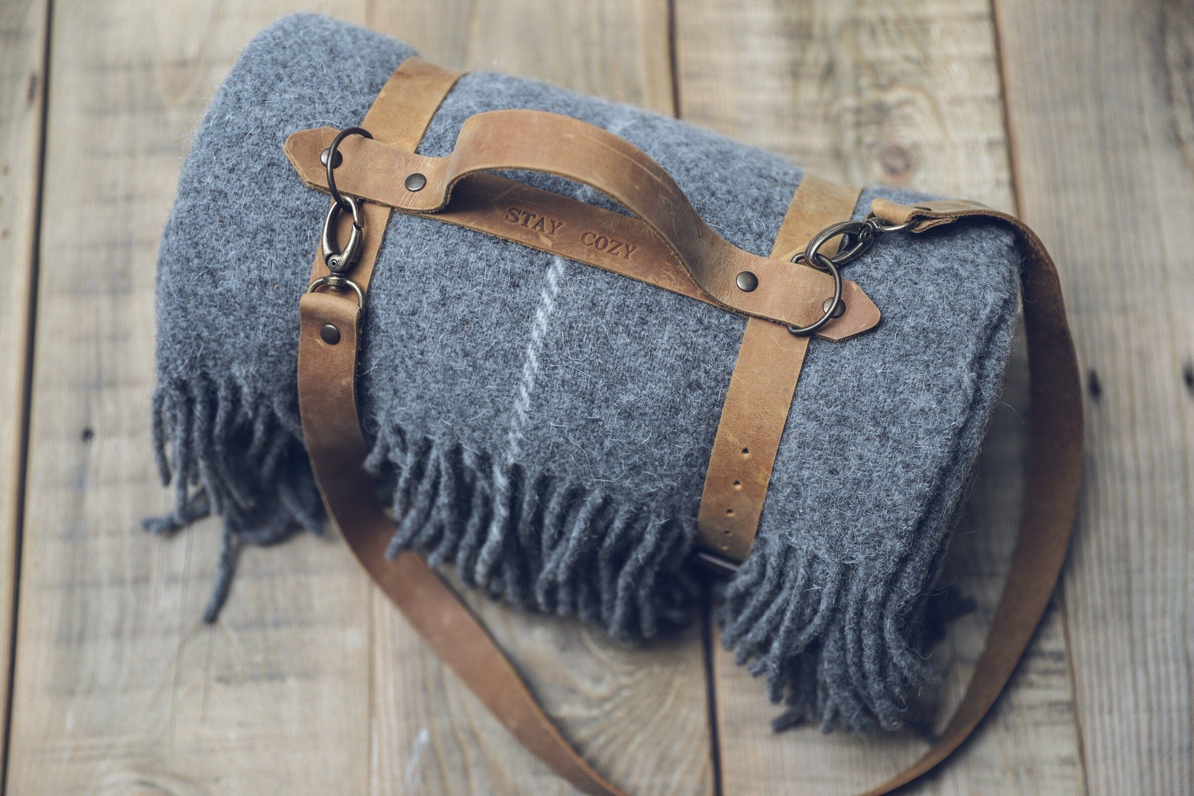 Personalized Leather Handle Strap with Gray Wool Throw Blanket Old Linen Mill 