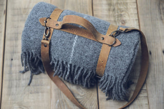 Personalized Leather Handle Strap with Gray Wool Throw Blanket Old Linen Mill 