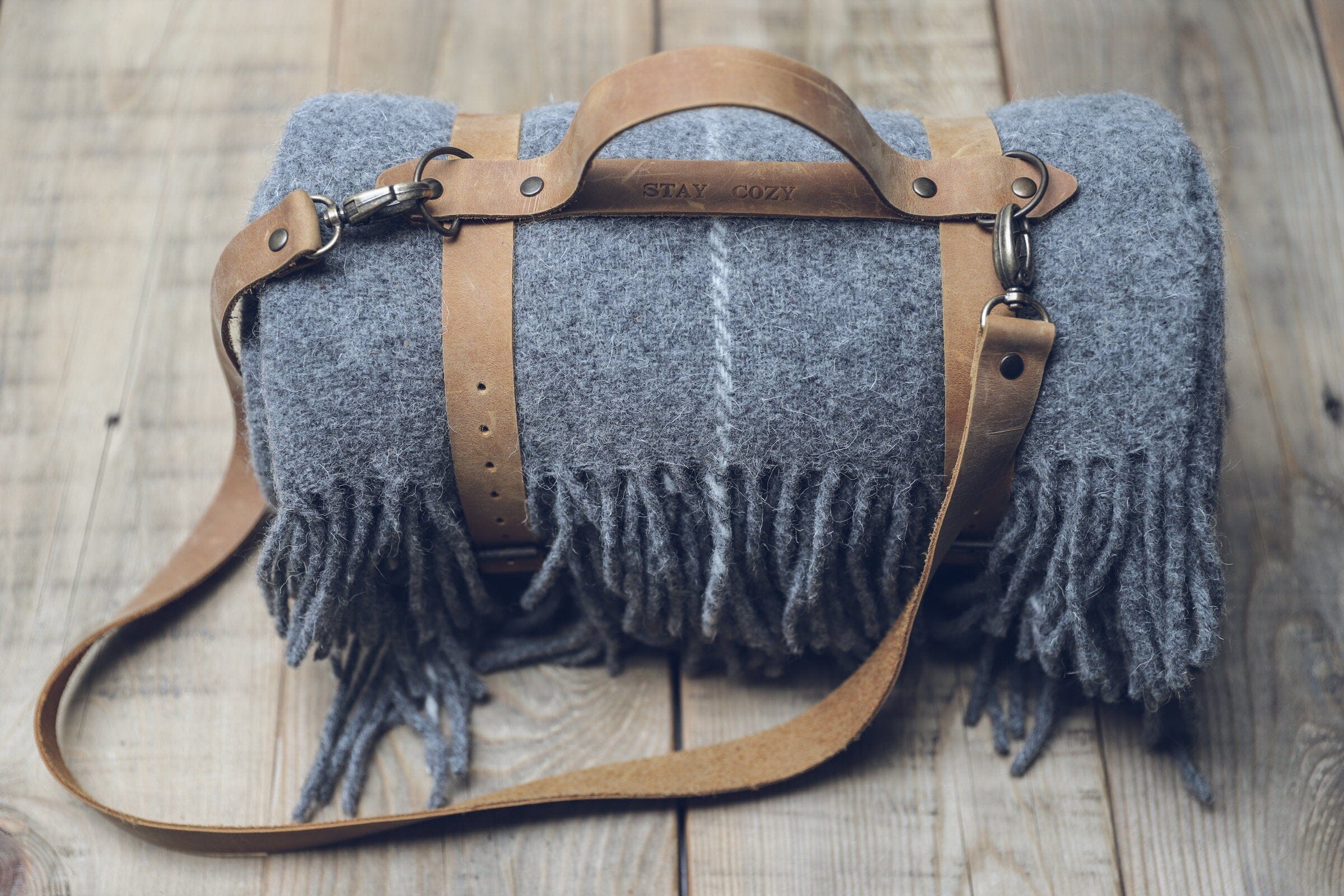 Personalized Leather Handle Strap with Gray Wool Throw Blanket Old Linen Mill 
