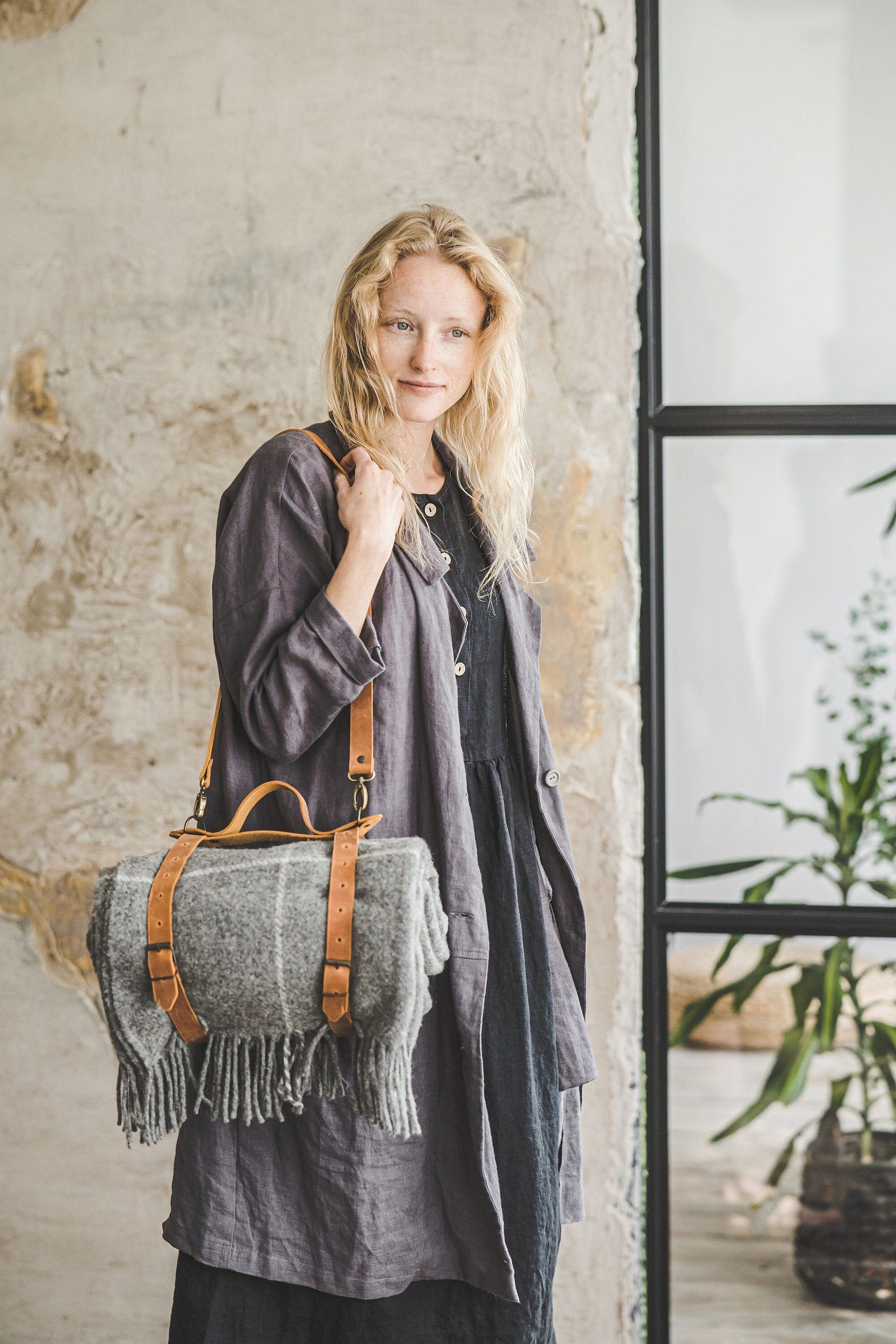 Personalized Leather Handle Strap with Gray Wool Throw Blanket Old Linen Mill 