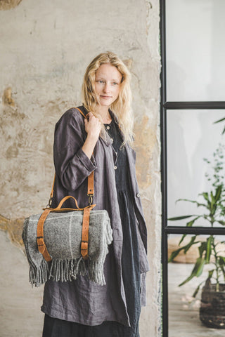 Personalized Leather Handle Strap with Gray Wool Throw Blanket Old Linen Mill 