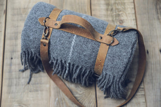 Personalized Leather Handle Strap with Gray Wool Throw Blanket Old Linen Mill 