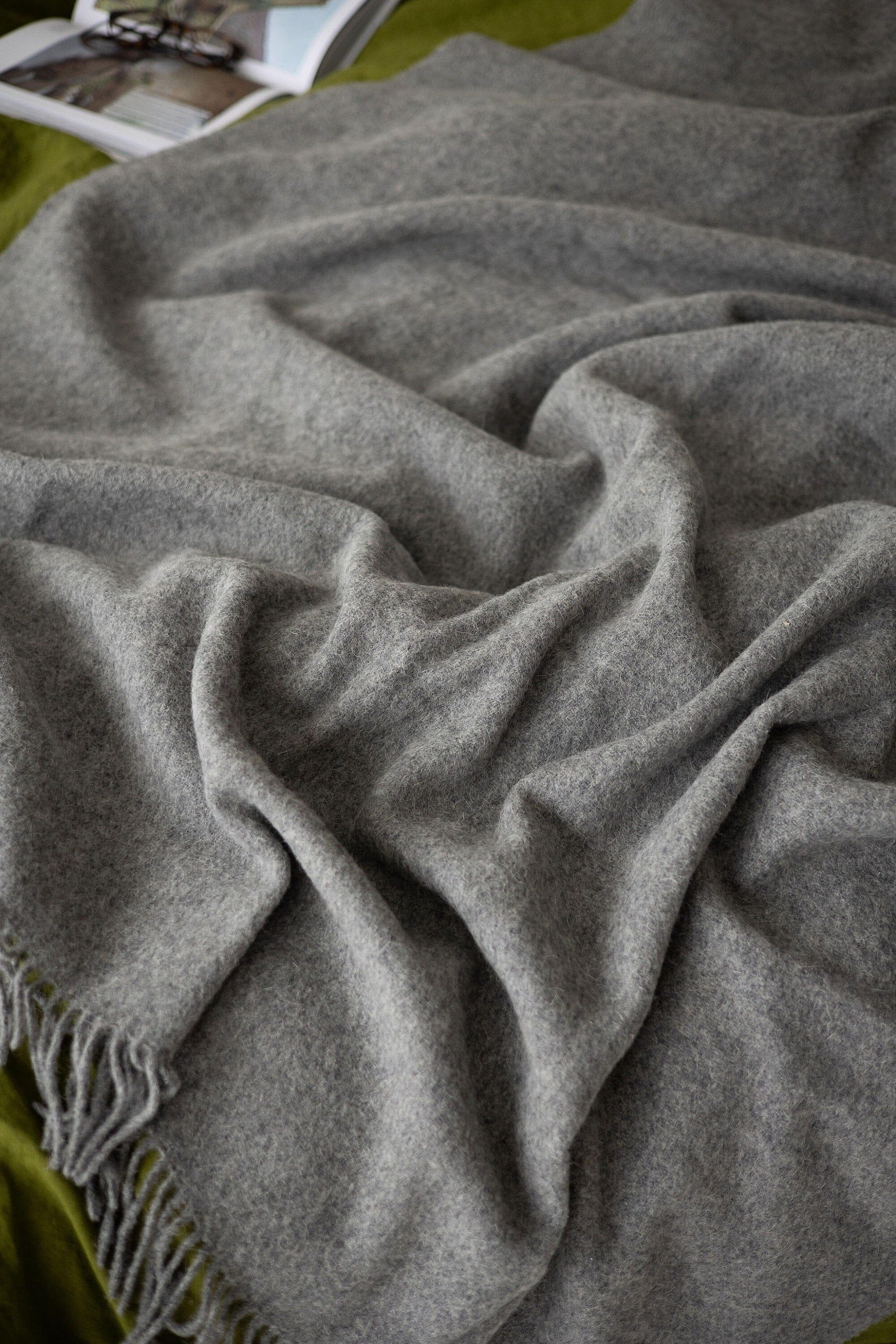 Personalized Leather Handle Strap with Gray Wool Throw Blanket Old Linen Mill 