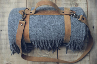 Personalized Leather Handle Strap with Gray Wool Throw Blanket Old Linen Mill 