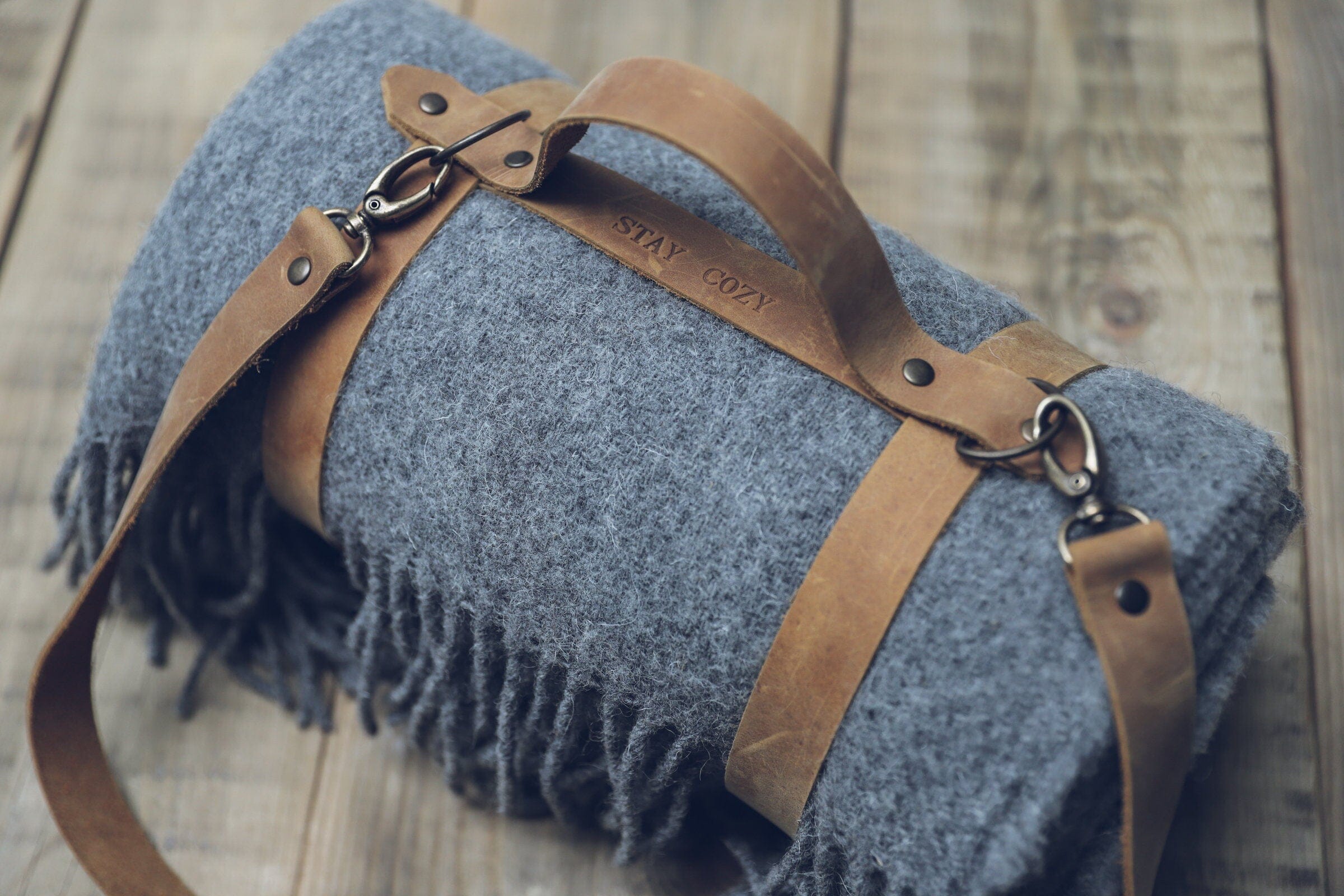 Personalized Leather Handle Strap with Gray Wool Throw Blanket Old Linen Mill 