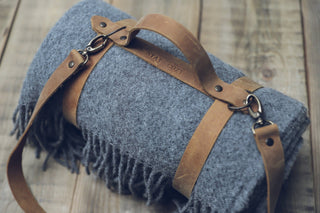 Personalized Leather Handle Strap with Gray Wool Throw Blanket Old Linen Mill 