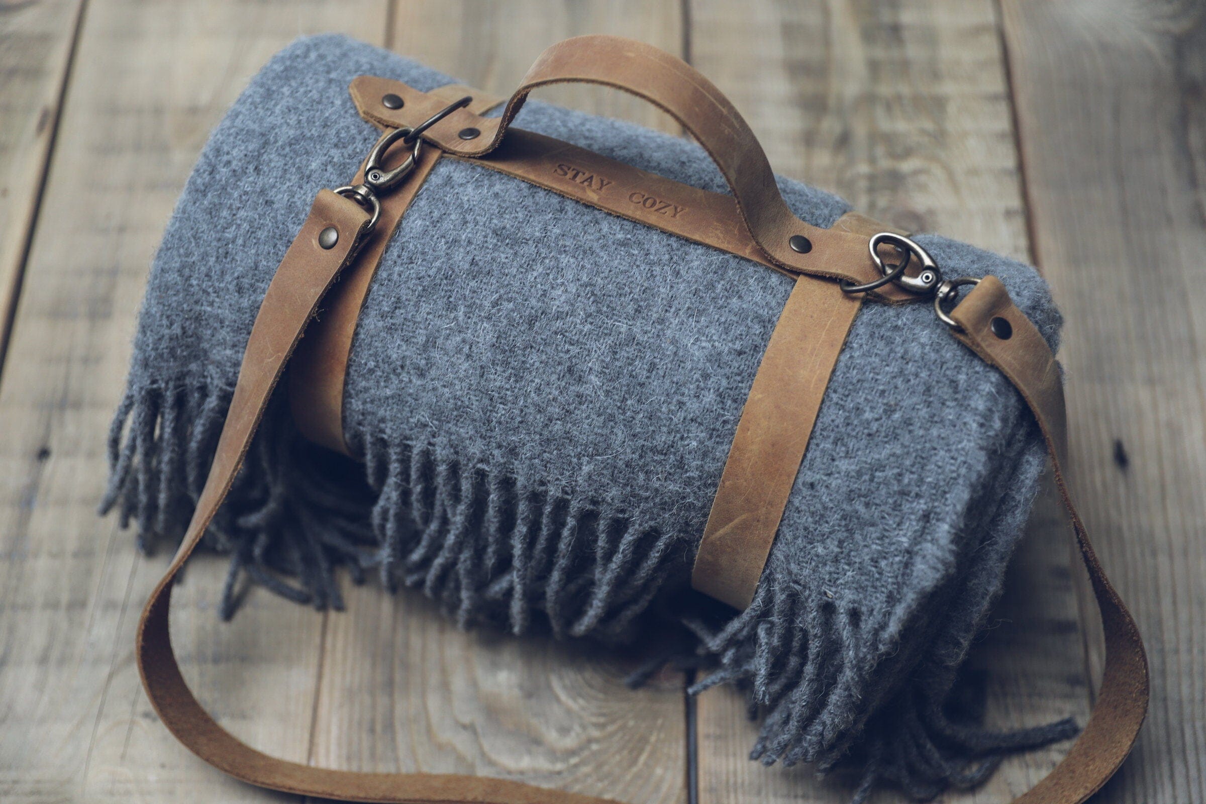Personalized Leather Handle Strap with Gray Wool Throw Blanket Old Linen Mill 