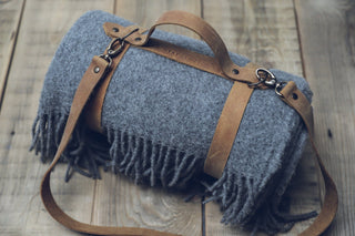 Personalized Leather Handle Strap with Gray Wool Throw Blanket Old Linen Mill 
