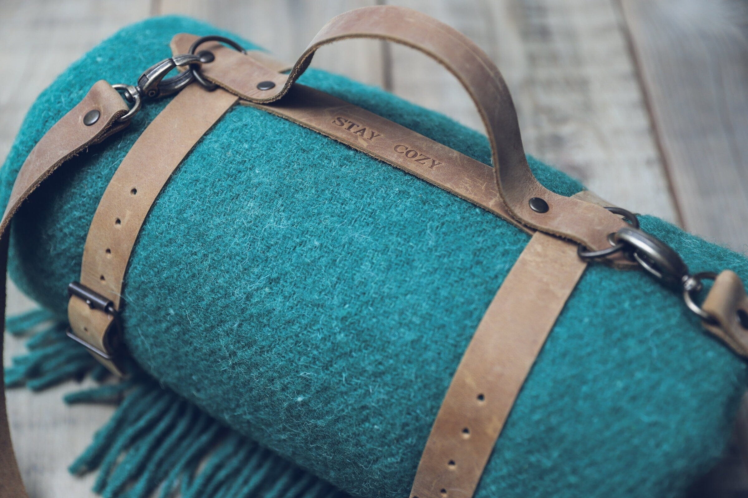 Personalized Leather Handle Strap with Green Wool Throw Blanket Old Linen Mill 