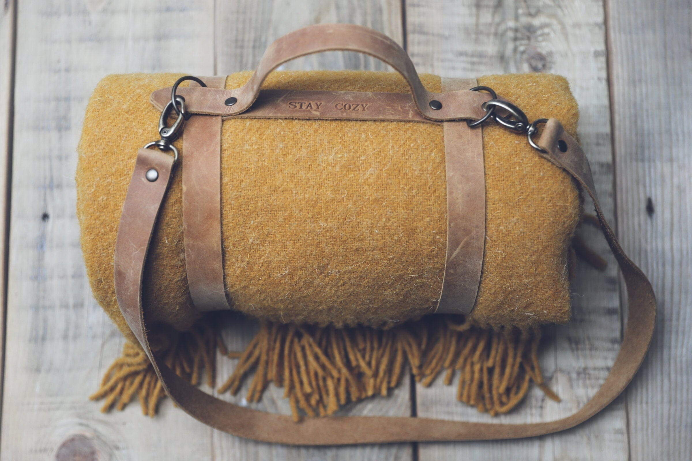 Personalized Leather Handle Strap with Mustard Wool Throw Blanket Old Linen Mill 