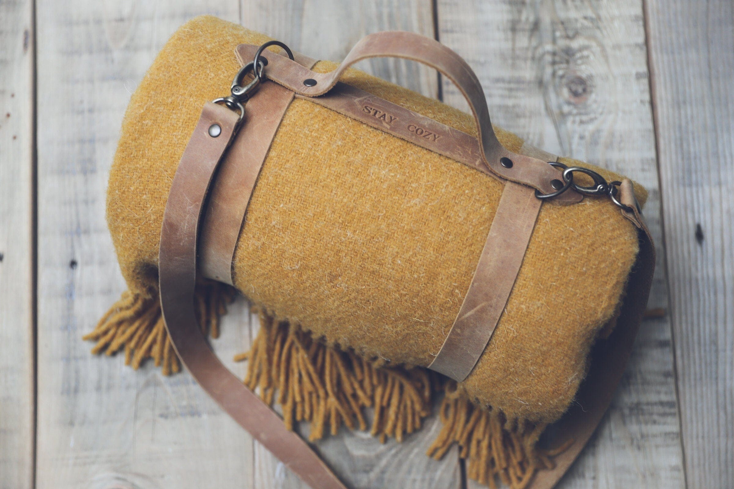 Personalized Leather Handle Strap with Mustard Wool Throw Blanket Old Linen Mill 