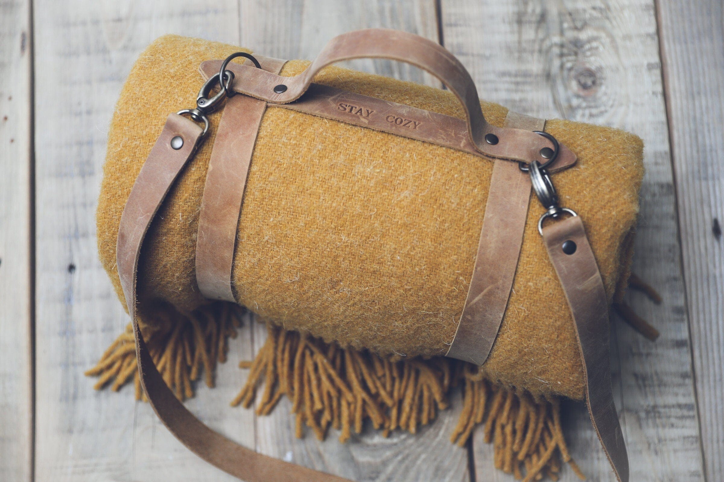Personalized Leather Handle Strap with Mustard Wool Throw Blanket Old Linen Mill Blanket+Handle 