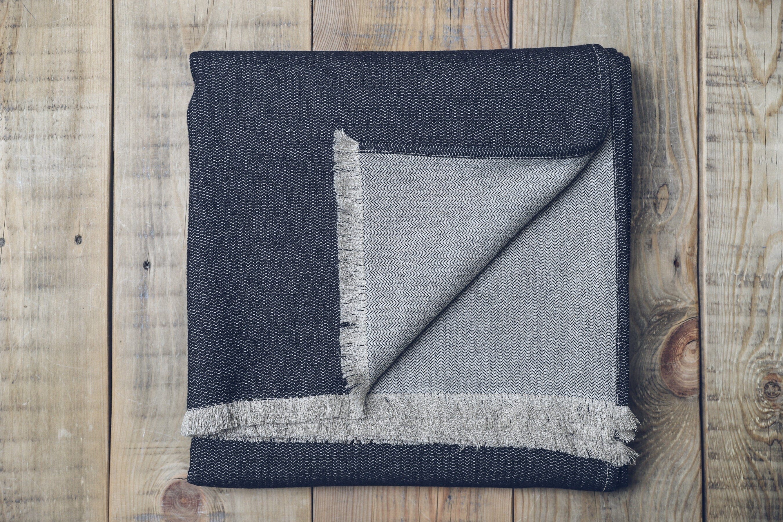 Personalized Leather Handle Strap with Wool Throw Blanket Old Linen Mill 