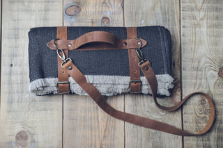 Personalized Leather Handle Strap with Wool Throw Blanket Old Linen Mill 