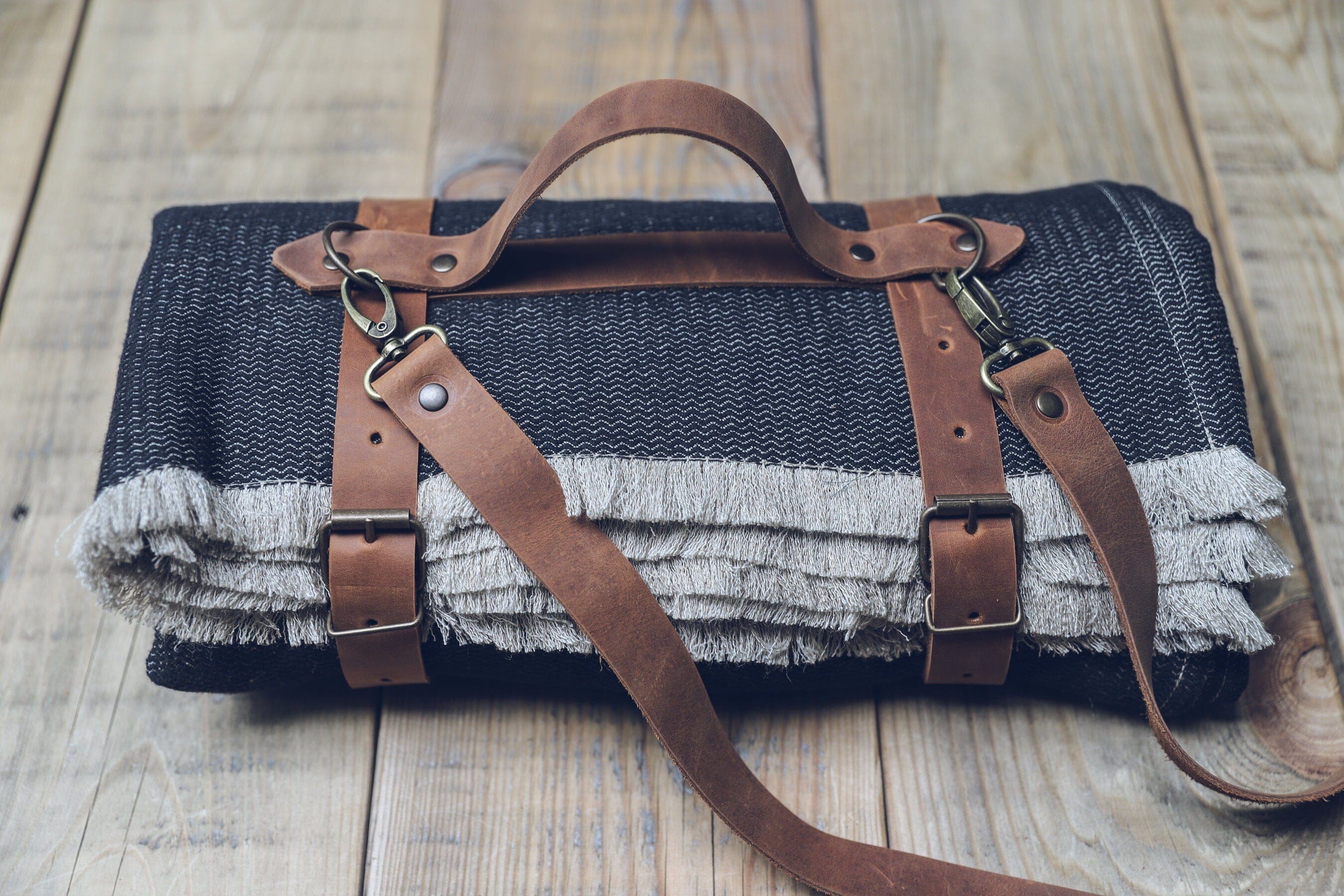 Personalized Leather Handle Strap with Wool Throw Blanket Old Linen Mill 