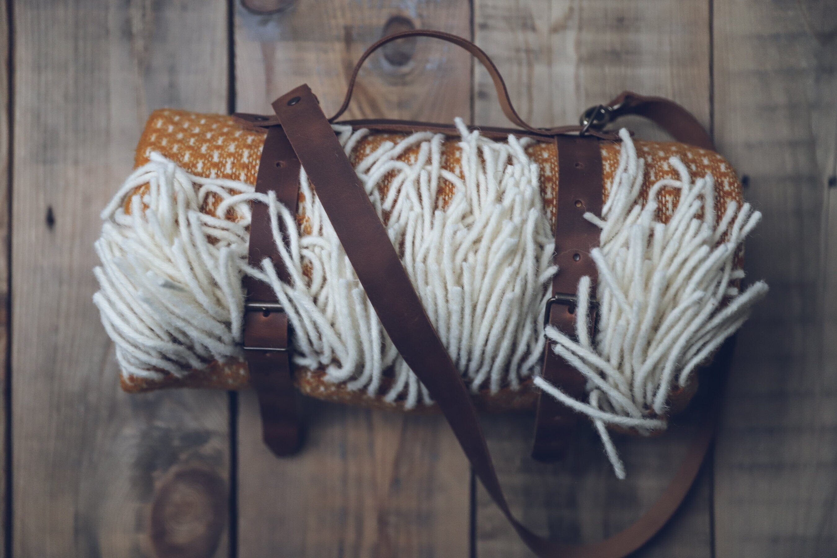 Personalized Leather Handle Strap with Yellow Mustard Wool Throw Blanket Old Linen Mill 