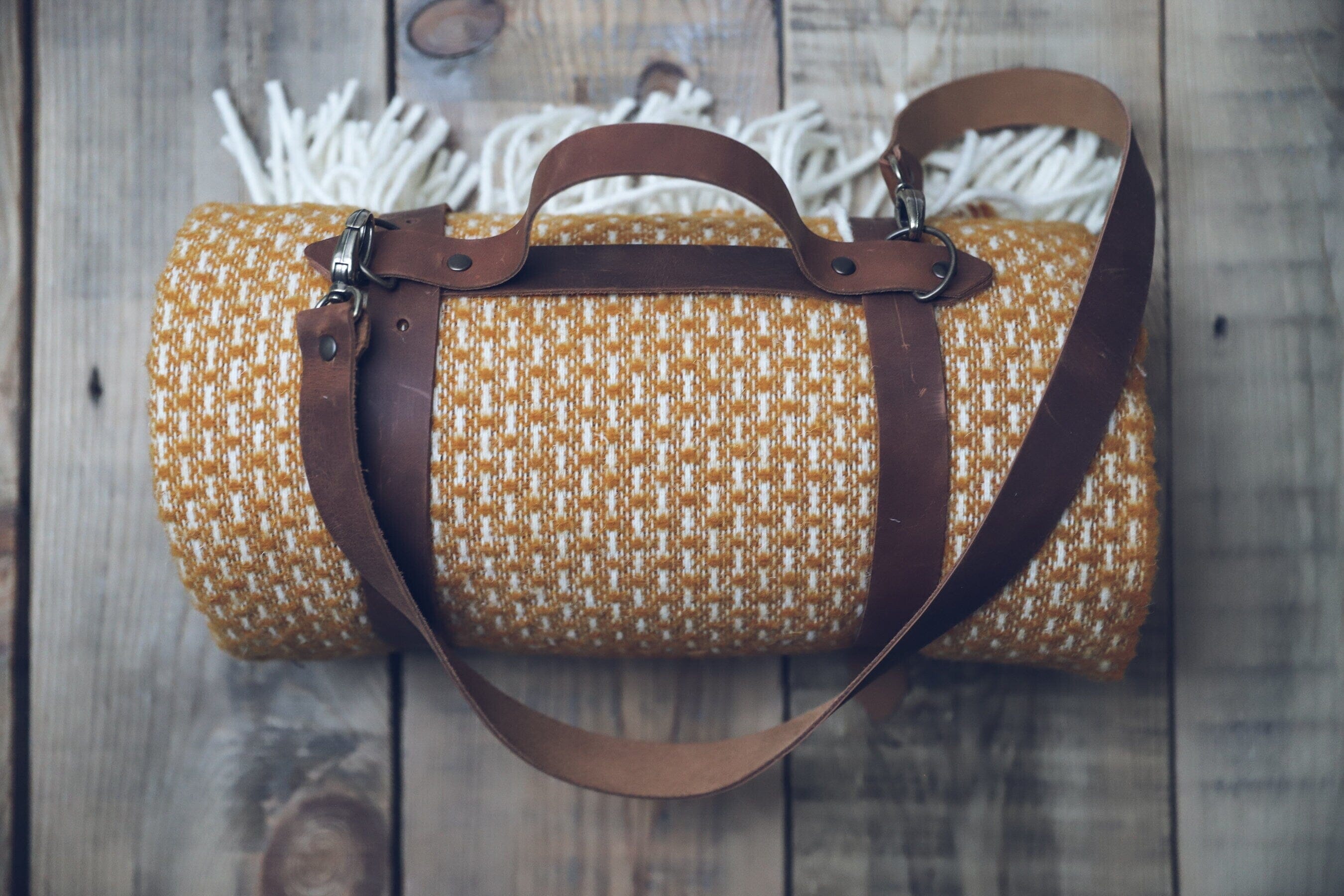 Personalized Leather Handle Strap with Yellow Mustard Wool Throw Blanket Old Linen Mill 