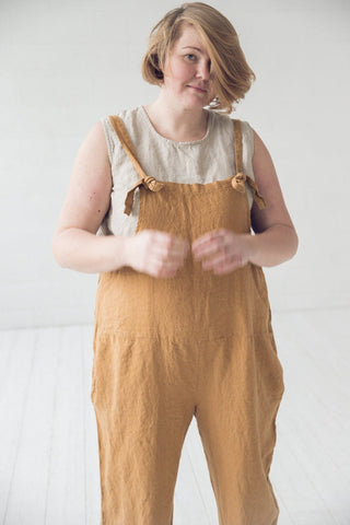 Plus Size Long Linen Jumpsuit Old Linen Mill Small Grey Checks XL/2XL 