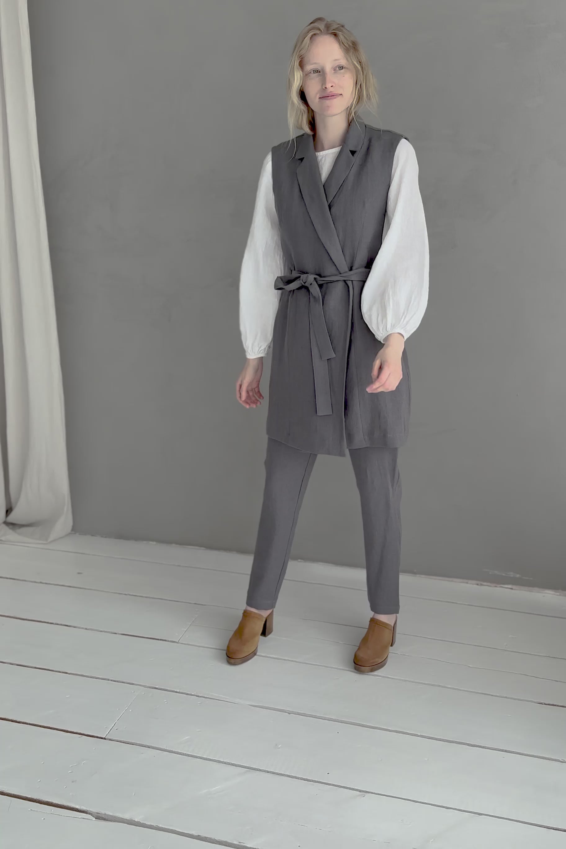 Heavy Linen Sleeveless Cardigan With Belt, Linen Vest