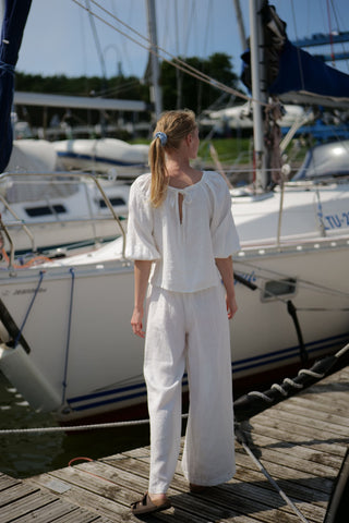 Puff Sleeve Linen Top with Tie Back Linen Blouse Old Linen Mill
