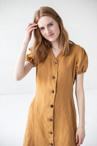 Puffed Sleeves Linen Dress Old Linen Mill 
