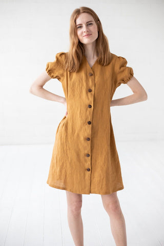 Puffed Sleeves Linen Dress Old Linen Mill 