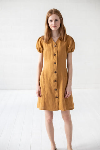 Puffed Sleeves Linen Dress Old Linen Mill Small Grey Checks XS 